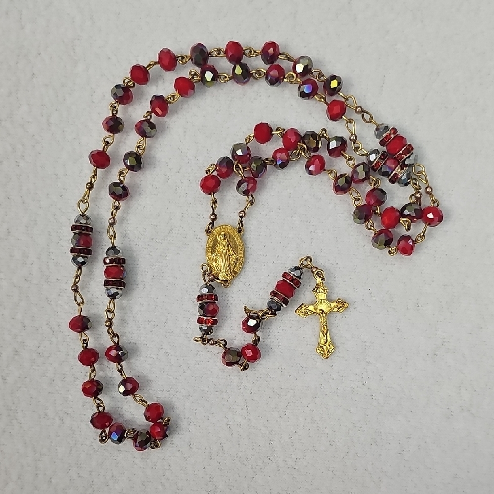Gold-Tone Red Crystal Rosary Necklace